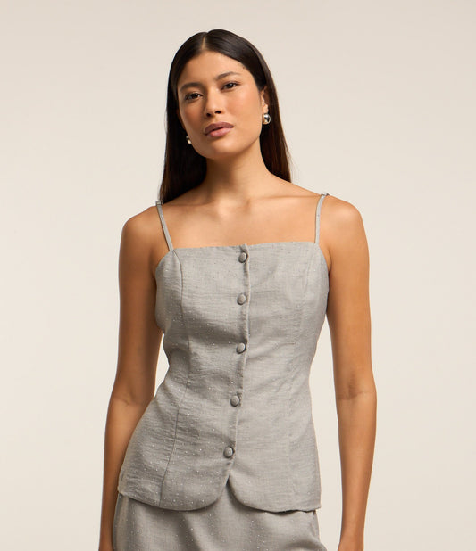 Gray Tailored Spaghetti Strap Blouse with Buttons and Sparkles