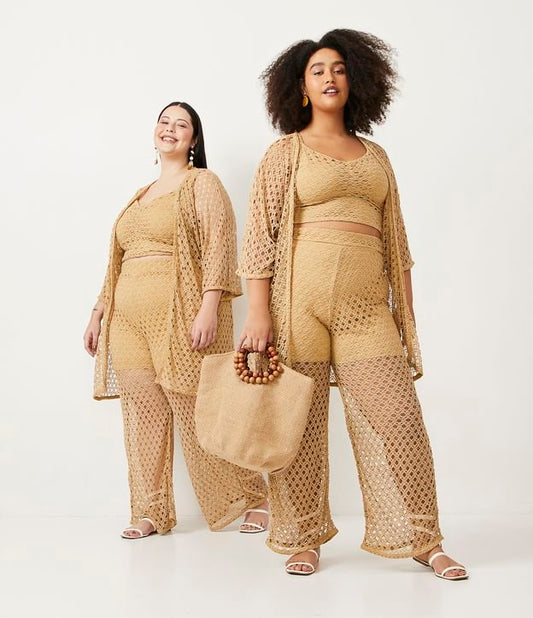 Pantalón de punto beige texturizado con superposición - Tallas grandes y curvas