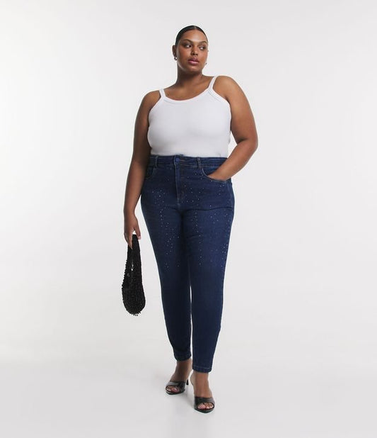 Calça jeans skinny com enfeites de strass, Curve & Plus Size, azul
