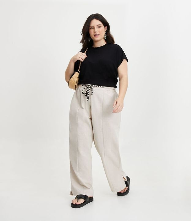 Pantalón recto de lino con cinturón de cuerda, Curvas y tallas grandes, Beige