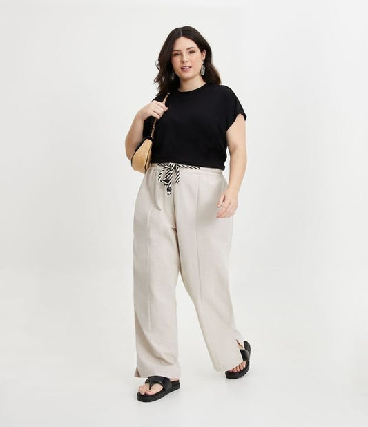 Pantalón recto de lino con cinturón de cuerda, Curvas y tallas grandes, Beige