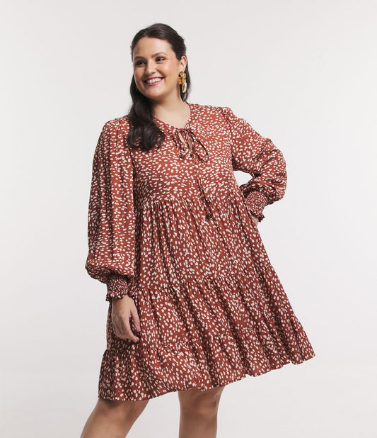 Vestido Túnica de Manga Larga con Estampado de Lunares, Curvas y Tallas Grandes, Marrón Terracota