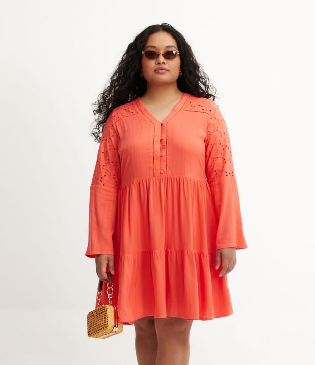 Vestido de manga longa de viscose com detalhes em renda, Curve & Plus Size, Coral Orange