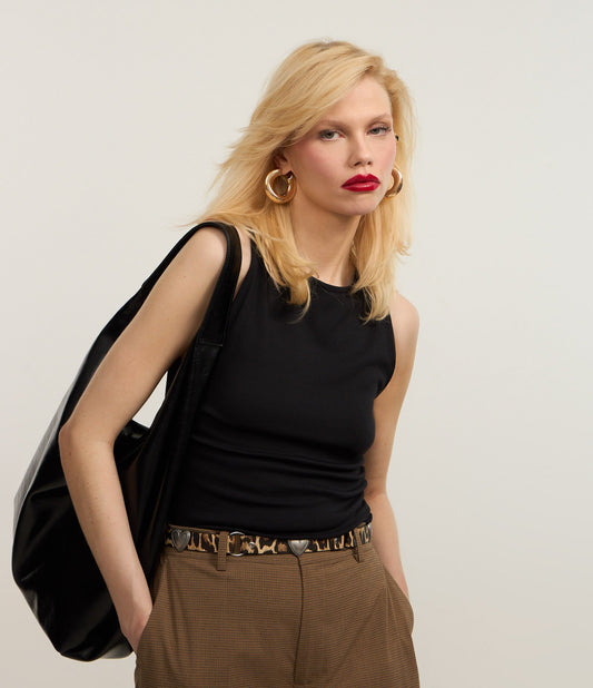 Black Roma Knit Top with Ruching and Side Slit