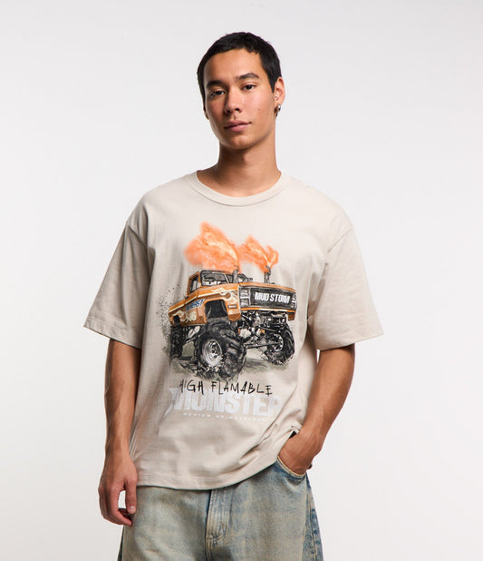 Boxy Cotton T-Shirt with White Monster Truck Print