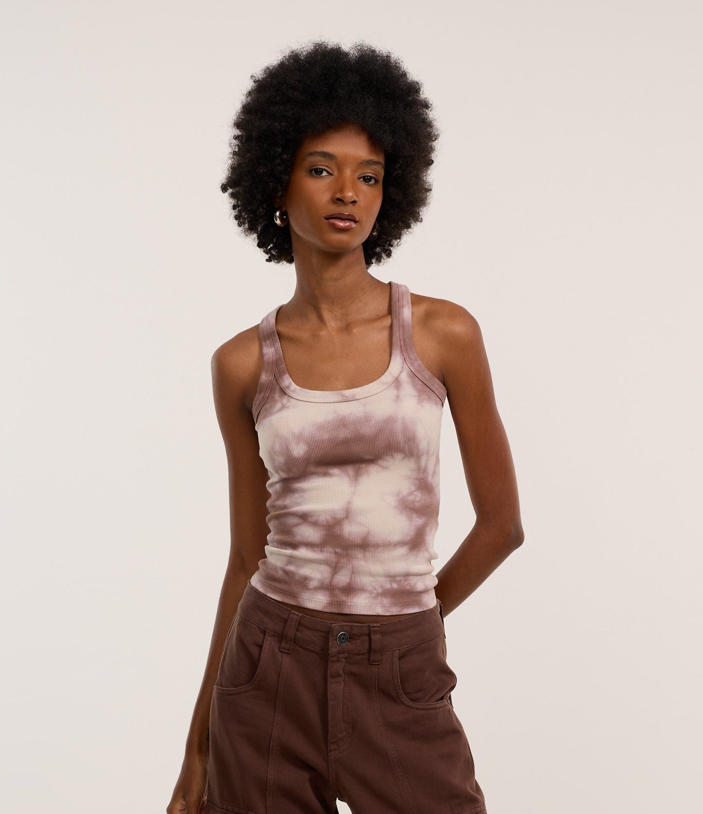 Brown Spotted Print Ribbed Racerback Tank Top