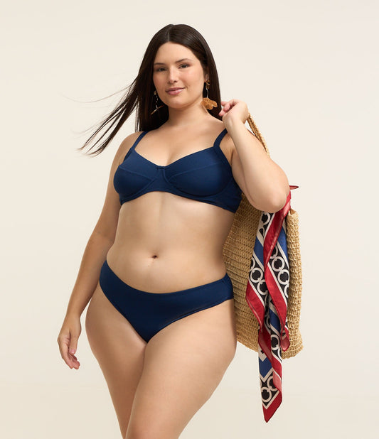 Calcinha de biquíni com fio duplo texturizado Curve & Plus Size em azul-marinho