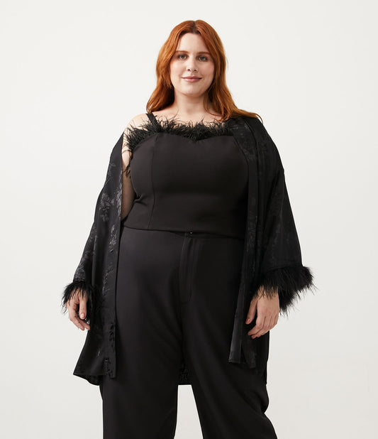 Kimono longo em crepe com mangas de penas, Curve & Plus Size, preto