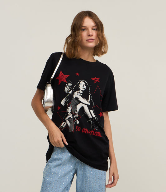 Olivia So American Camiseta larga negra de algodón con estampado