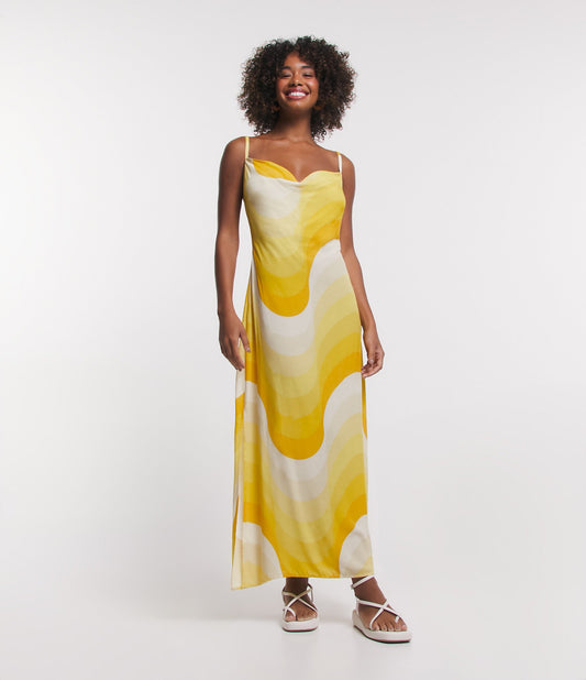 Nuovo abito midi giallo in viscosa con scollo a drappeggio e stampa a onde
