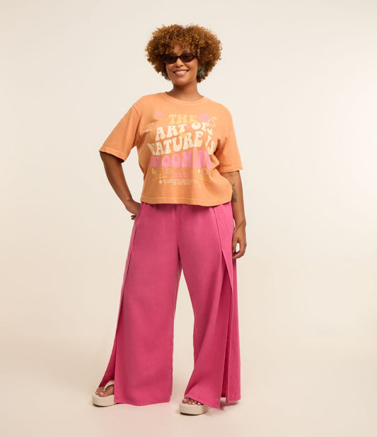 Pantaloni rosa a gamba larga in twill con spacco laterale - Curve e taglie forti