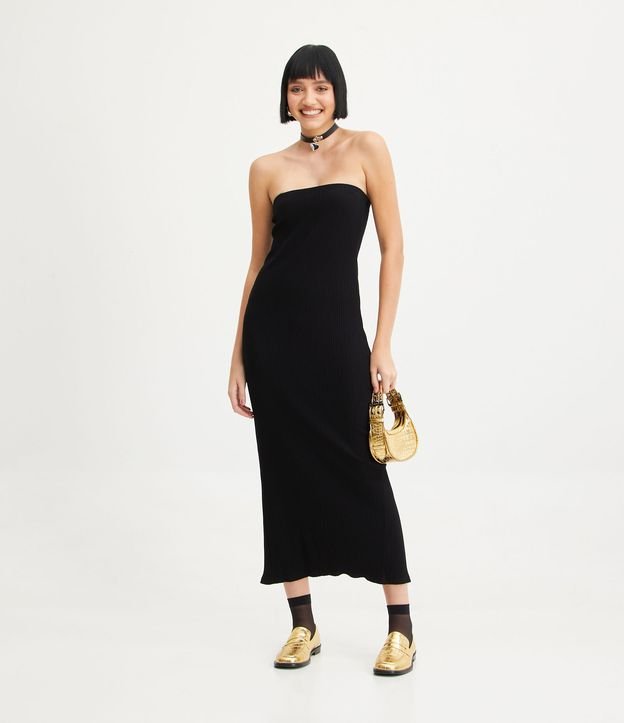 Novo vestido midi preto sem alças e com nervuras
