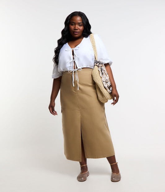 Falda Midi Beige de Sarga con Bolsillos Cargo y Abertura Delantera - Tallas Grandes y Curvas