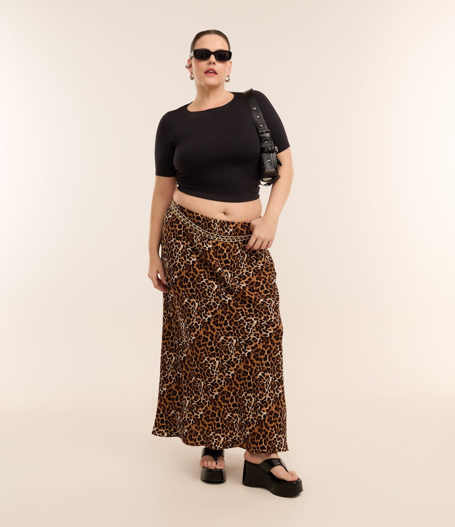 Gonna lunga in crepe con stampa animalier, Curve e taglie forti, marrone