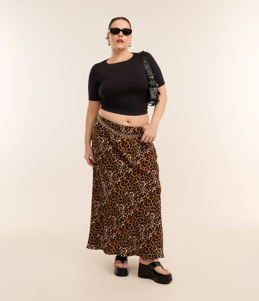 Gonna lunga in crepe con stampa animalier, Curve e taglie forti, marrone