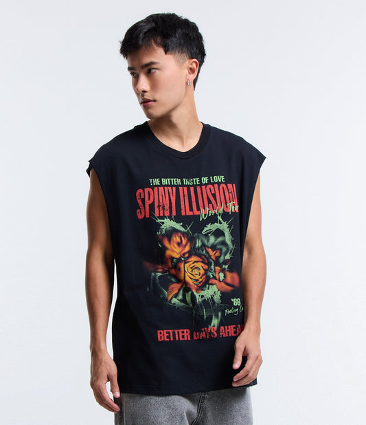 Camiseta regata boxy de algodão com letras pretas Spinny Illusion