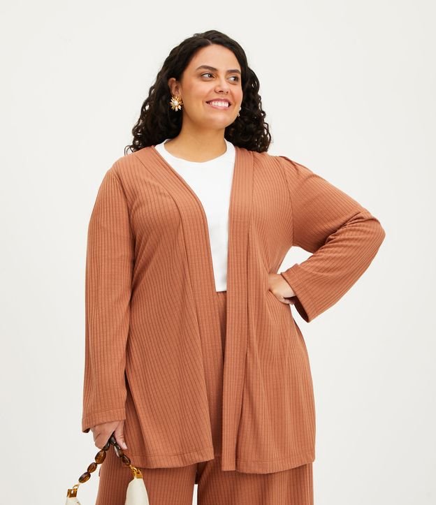 Cardigan lungo in maglia a coste, Curve e taglie forti, marrone
