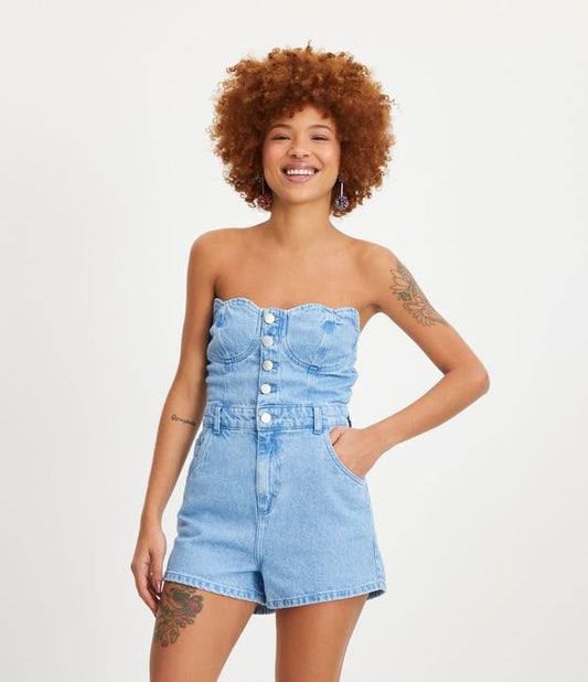 Romper di jeans senza spalline con scollo a cuore in blu