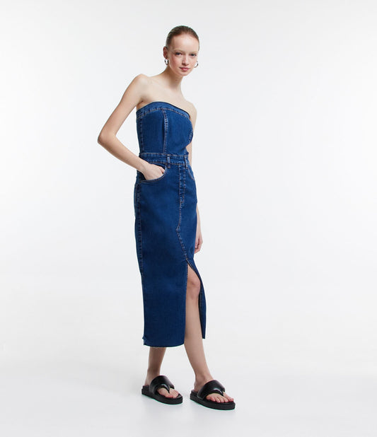 Vestito midi in denim con spacco frontale e pannello blu