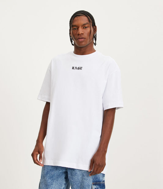 Camiseta relaxada em tecido de malha branca com a inscrição "Rage"