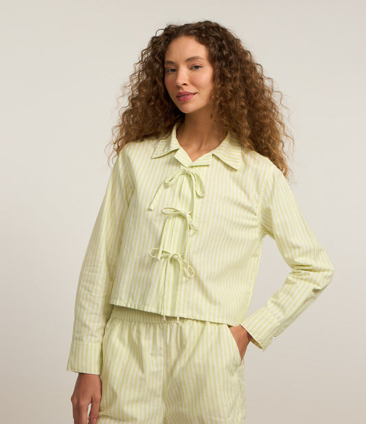 Camisa de Sarga a Rayas con Pajarita Blanca/Amarilla