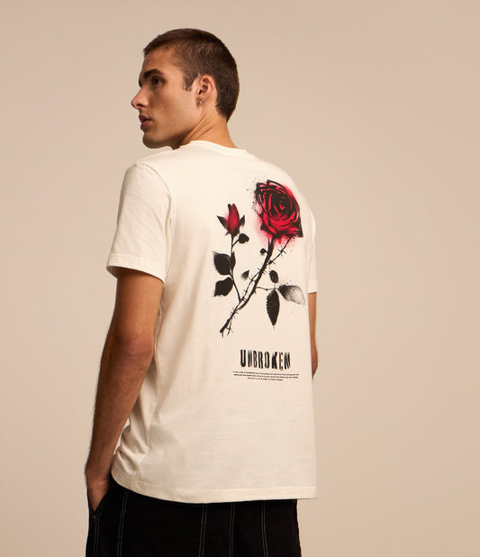 White Comfort T-Shirt with Unbroken Roses Print