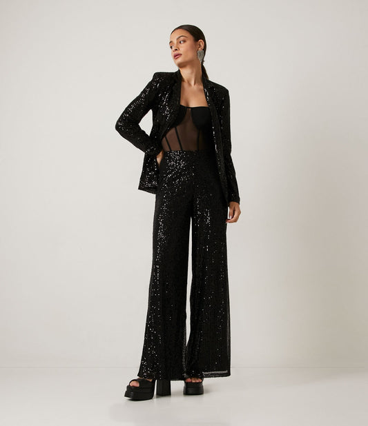 Calça Palazzo preta com base de tule e mini lantejoulas
