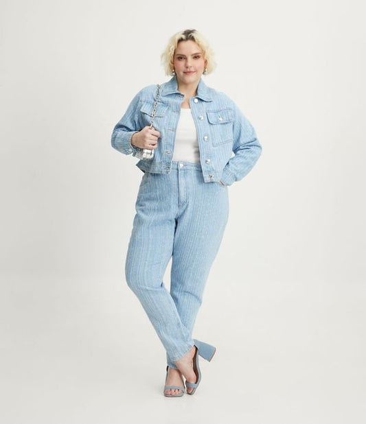 Vaqueros de madre con textura desgastada de corte láser, Curvas y tallas grandes, Azul