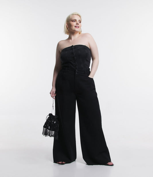 Vaqueros de pierna ancha con cintura elástica y dobladillo crudo, Curve y Tallas Grandes, Negro