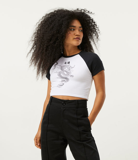White Cropped Blouse in Half Knit with Short Sleeves and Dragon Print with Oriental Ideograms