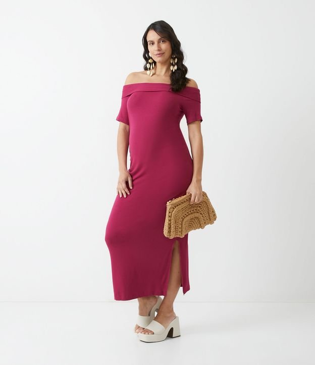 Vestido de maternidade midi vermelho de viscose com nervuras e sem ombros