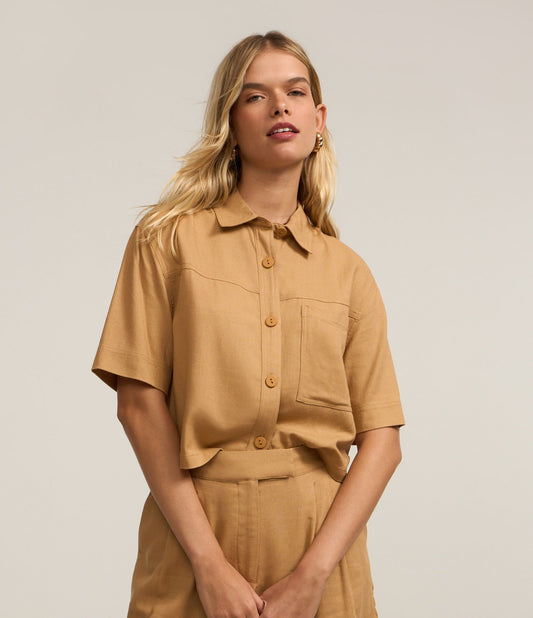 Beige Short-Sleeve Shirt in Viscose and Linen with Pockets