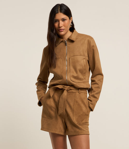 Boxy Suede Jacket with Patch Pockets in Brown