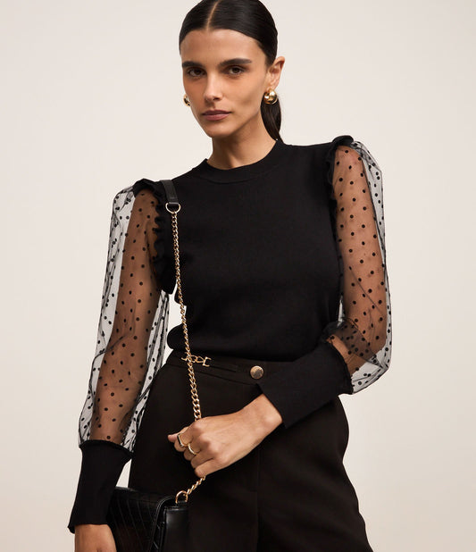 Blusa de Tricô Preta com Mangas Transparentes de Poá