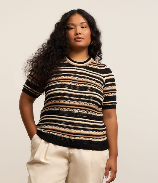 Maglione a righe con maniche a sbuffo, taglie forti e taglie forti, nero/marrone/bianco sporco