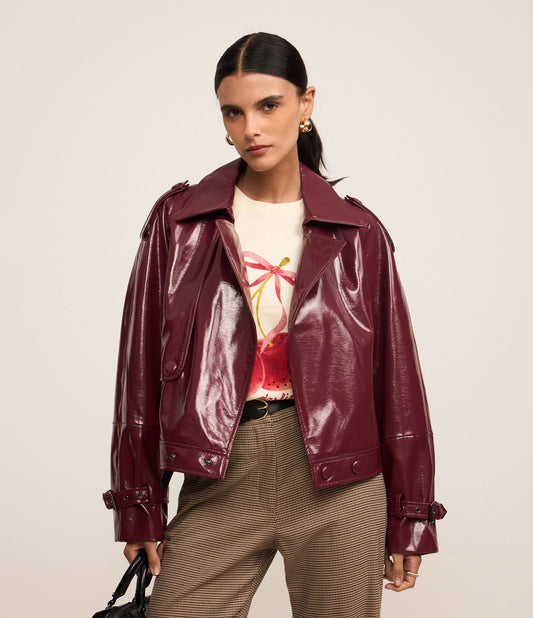 Red Vinyl Effect PU Jacket with Cuff Stripe