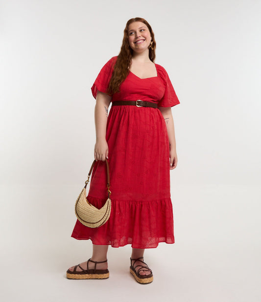 Vestito midi rosso in pizzo con maniche a sbuffo - Curve e taglie forti