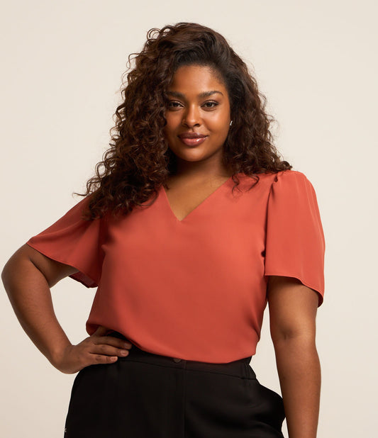 Camicetta in crepe con maniche a sbuffo in taglie Curve e Plus Size - Marrone mattone