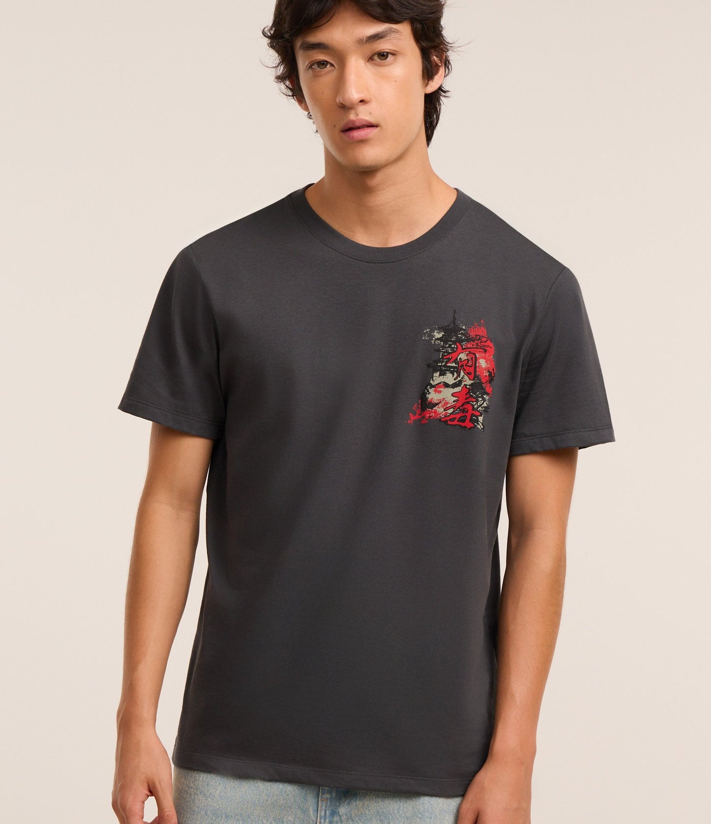 Camiseta Confortável de Algodão com Estampa Oriental de Cobra Cinza