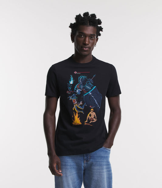 Regular T-Shirt in Black Knit Fabric with Level Up Print