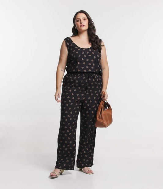 Calça preta de perna larga com estampa de coração de leopardo - Curve & Plus Size