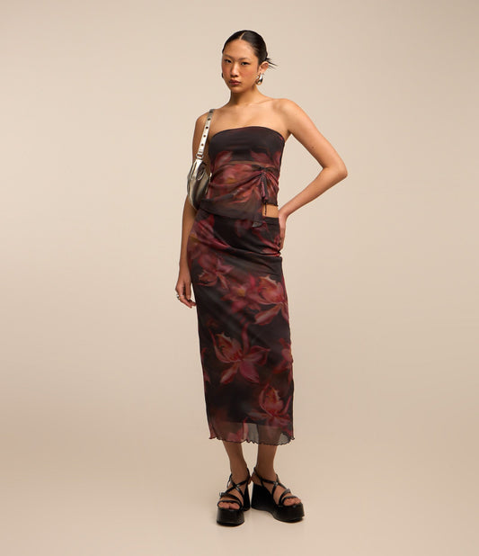 Nova saia midi de tule manchada com floral preto