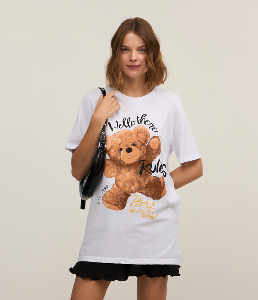 Camiseta Branca de Algodão com Estampa de Urso "Rules"