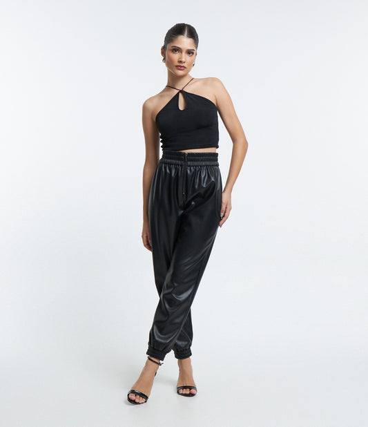 Calça Jogger de PU com cós elástico e zíper preto grosso