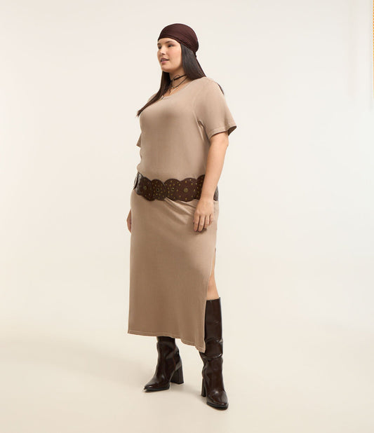 Vestito midi marrone in cotone lavato, taglie forti e taglie forti