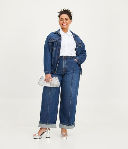 Jeans a gamba larga con cuciture frontali e orlo a risvolto, Curve e taglie forti, blu