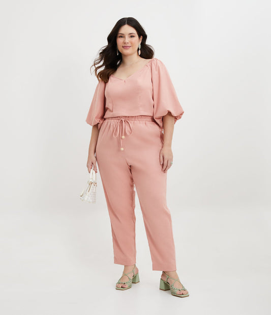 Pantaloni rosa in lino con vita elastica - Curve e taglie forti