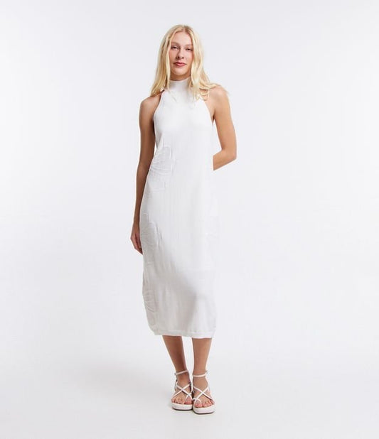 Nuevo Vestido Midi de Punto con Cuello Halter y Diseño Floral en Jacquard Blanco