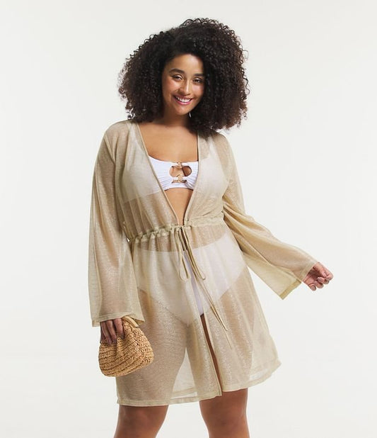 Kimono copricostume da spiaggia in tulle metallizzato con chiusura a lacci, taglie forti e taglie forti, oro