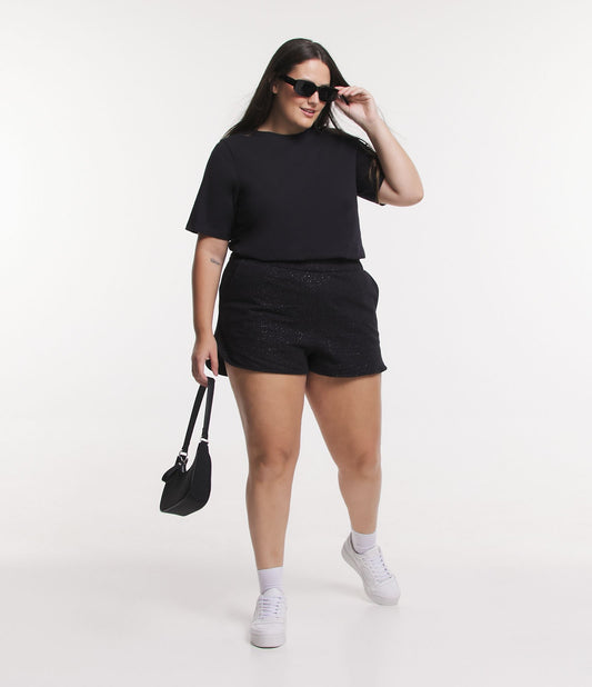 Pantaloncini in tessuto felpato con elastico in vita e glitter, Curve e taglie forti, nero
